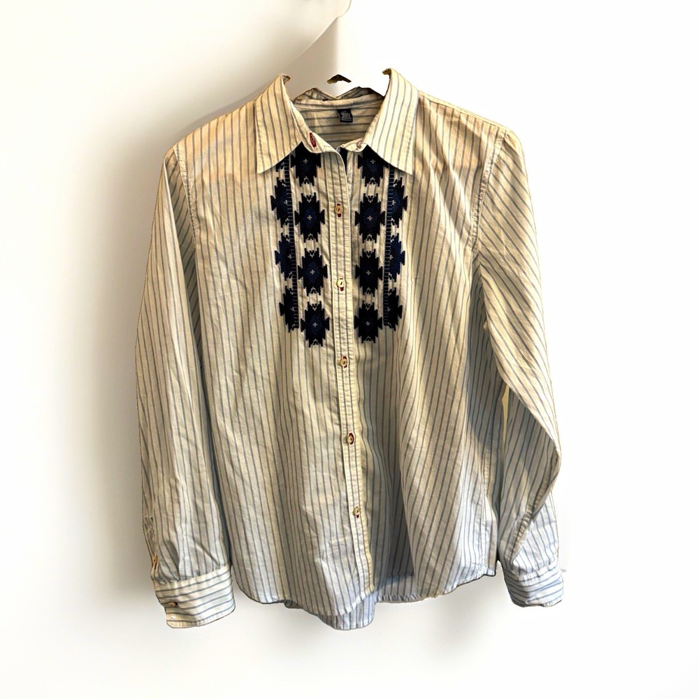 Chaps Women's  L Woven Cotton Button Up Shirt White Blue Stripe Embroidered